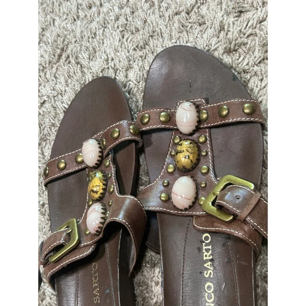 Franco Sarto Brown Leather Stone Studded Slide Sandals Western Boho Hippie  7M‎